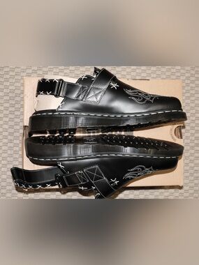 Dr. Martens Black Leather Slingback Loafers with White Stitching